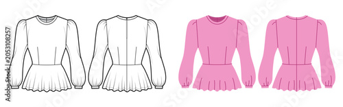 Foto Peplum top with fitted bodice, long puff sleeves and flared hem creating feminine structured silhouette clean shaping seams