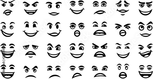 Canvastavla Black and White Line Art of Diverse Emoji Faces Showing Various Emotions, Vector