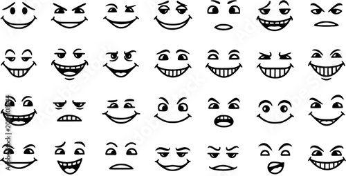 Obraz na plátně Black and White Line Art Collection of Diverse Cartoon Faces Expressing Various