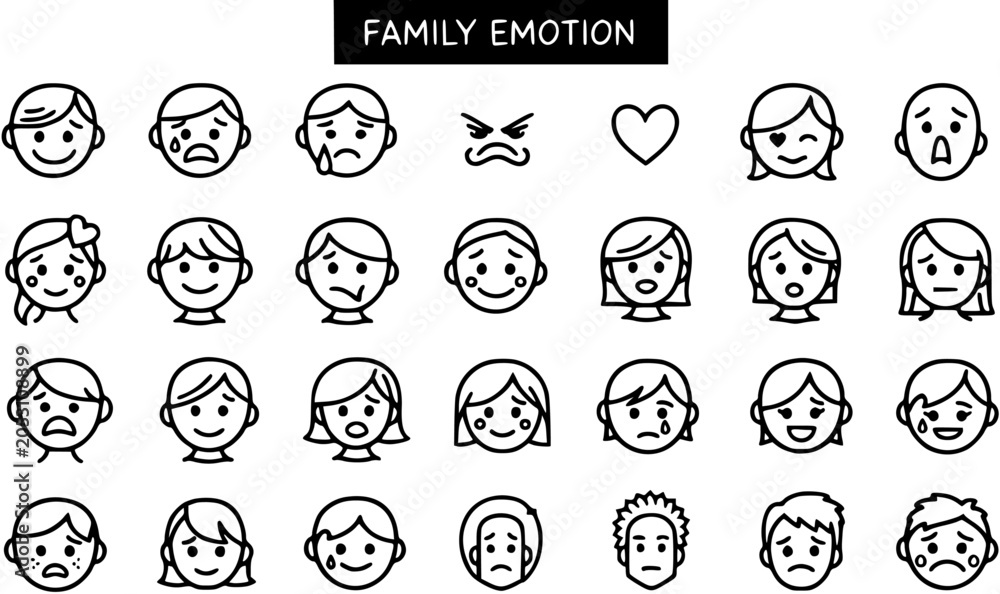 Fototapeta premium Black and White Line Art Icons of Diverse Family Emotions and Expressions