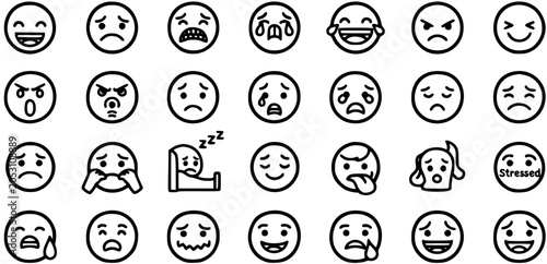 Konstfotografi Black and White Line Art Emoji Icons Representing Emotions and Feelings