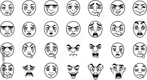 Tableau sur toile Human Emotions and Expressions Black  White Line Art Faces Set