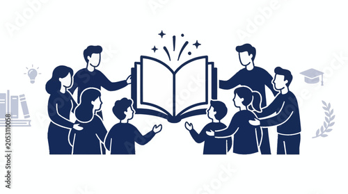 Bild auf Leinwand Group of people gathered around an open book, symbolizing shared knowledge and learning