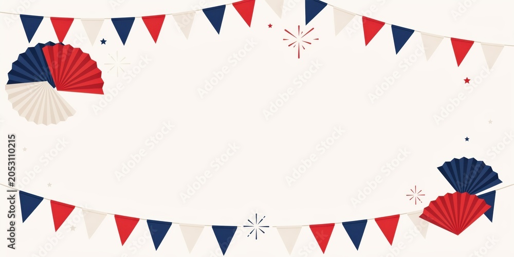 Fototapeta premium Bunting flags and decorative paper fans frame this composition with plenty of room for customized promotional text.
