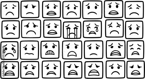Tableau sur toile Sad Emoticon Icons Collection, Black and White Line Art, Emotions and Feelings V
