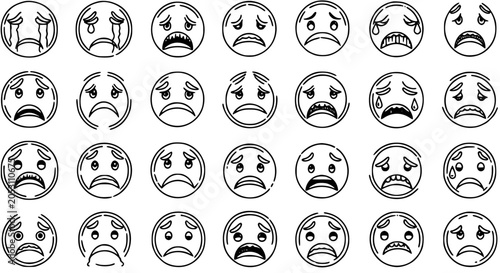 Foto Sad Emoticons Black and White Line Art Icons Set