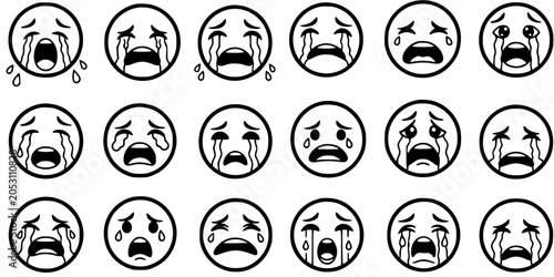 Fotografia Black and White Line Art Crying Emoticon Faces, Sad Mood Icons