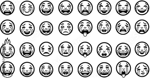 Canvas Print Black and White Line Art Crying Face Emojis - Emotion Icons for Communication