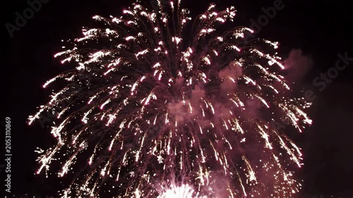 Bright Pink and White Fireworks Exploding in a Dark Night Sky Over a City Skyline, Festive Celebration Event, Wide Shot