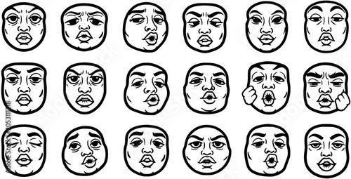 Tableau sur toile Black and White Line Art Collection of Diverse Facial Expressions, Isolated on W