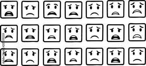 Quadro su tela Emotions, Mental Health, and Customer Feedback: Black and White Line Art Glyph Vector Icons of Sad and Unhappy Square Face Emojis for Negative Feelings and Disappointment