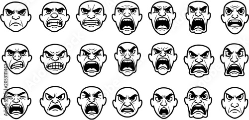 Schilderij op canvas Emotion Concept: Black and White Cartoon Line Art Vector Faces Showing Various S