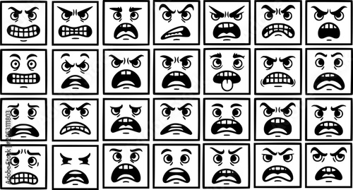 Canvastavla Black and White Line Art of Angry Emoticon Faces, Expressing Various Emotions
