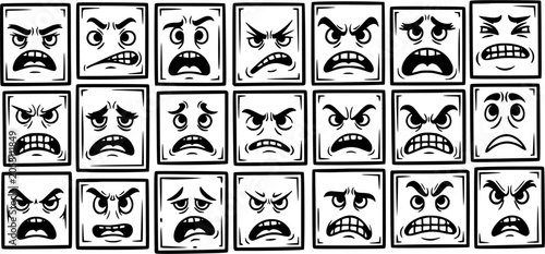 Konstfotografi Black and White Line Art of Angry and Sad Cartoon Faces in Squares