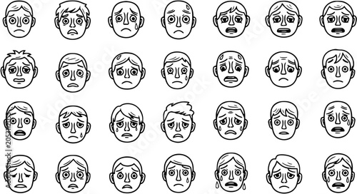 Schilderij op canvas Emotions  Psychology: Black and White Line Art Icons Collection of Sad, Crying,