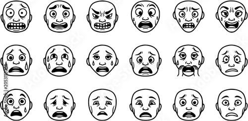 Fotografie Black and White Line Art of Diverse Human Emotions on Faces, Stock Vector