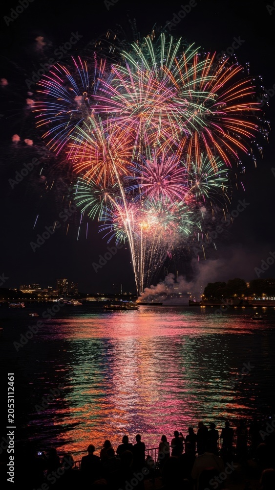 Fototapeta premium Vibrant Fireworks Display Over Water at Night