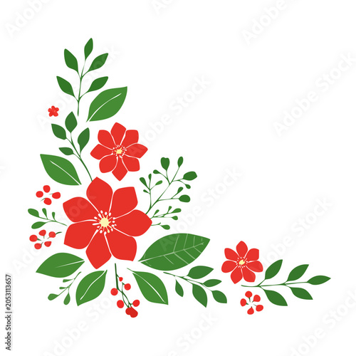 Red floral corner decoration with green leaves and berries