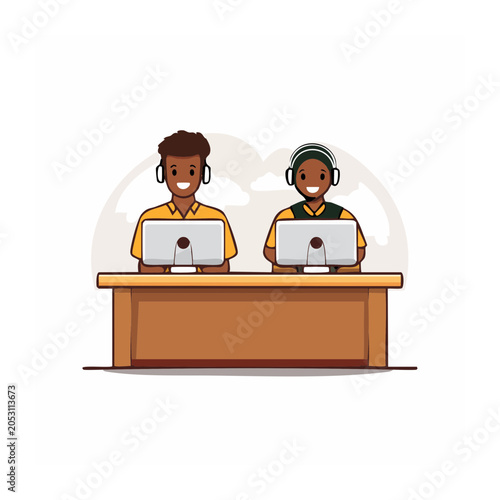 Two people wearing headphones working at computers