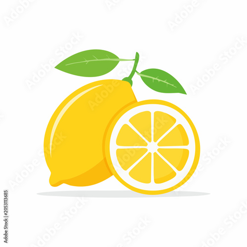 Vector illustration of a whole lemon and a lemon slice with leaves