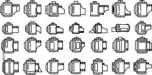 Bild auf Leinwand Black and White Line Art Icons of Various Film Canisters, Photography  Retro Tec