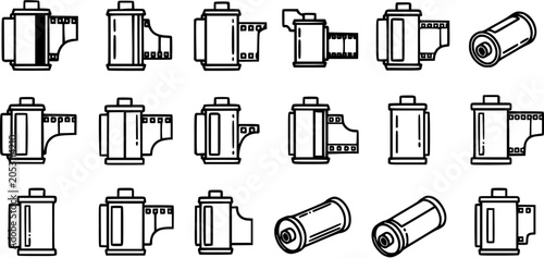 Photos Black and White Line Art Icons of Film Canisters and Rolls