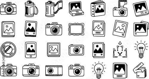Foto Hand-Drawn Black and White Line Art Doodle Icons for Photography, Digital Media,