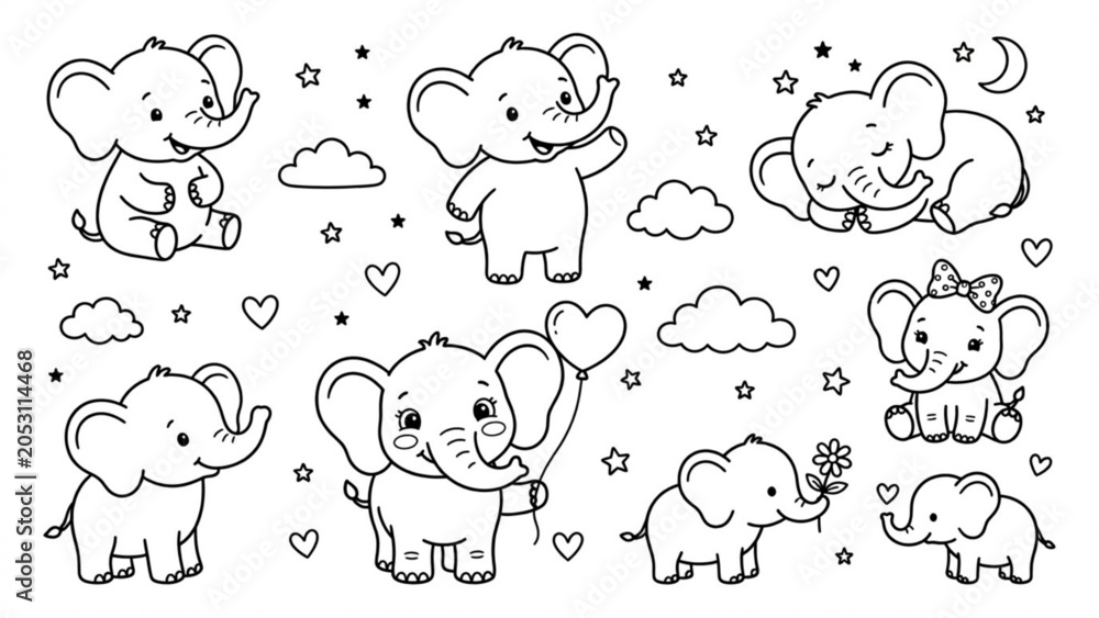 Obraz premium Cute Baby Elephant Nursery Line Art Collection Adorable Elephant Calf Poses Vector Set