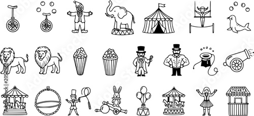 Photos Black and White Line Art Circus Icons Set - Entertainment Show Elements Collecti