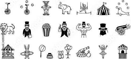 Tableau sur toile Black and White Line Art Circus Icons: Elephant, Lion, Performers, Tent, and Mor
