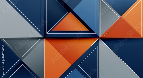 Abstract geometric background with triangles in blue, orange, and gray, creating a modern and dynamic pattern.