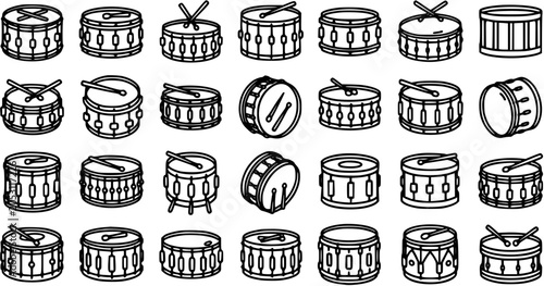 Black and White Line Art of Various Drums, Musical Instruments Icon Set