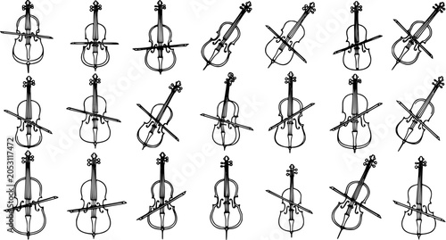 Fotografie Black  White Hand-drawn Line Art Illustration of Cellos and Bows, a Collection of Musical String Instruments for Classical Music and Arts