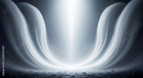 Abstract light tunnel with glowing center and flowing white lines, creating a futuristic and ethereal atmosphere.