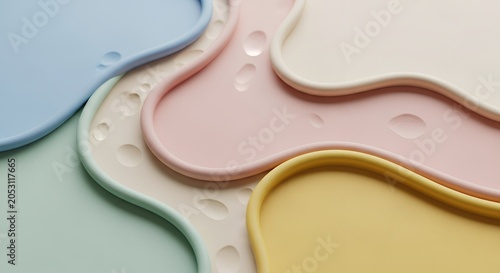 Abstract pastel-colored wavy shapes with water drops, creating a serene and artistic background.