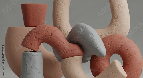 Abstract Sculptural Forms with Textured Surfaces and Earthy Tones.