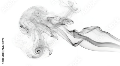 Abstract smoke swirls gracefully against a pristine white background, creating an ethereal and dynamic visual effect.