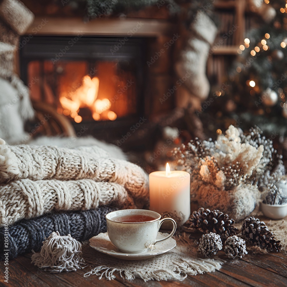 Fototapeta premium An atmospheric setting by a burning fireplace. A blurred background with the fireplace in the background.