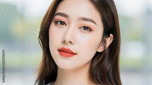 Close-up of a Beautiful Asian Woman with Subtle Makeup: A stunning young Asian woman with flawless skin, elegant eyebrows, and a soft coral lipstick gaze directly at the camera.