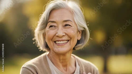 Radiant Senior Woman in Golden Hour: An elegant Asian senior woman with a warm smile and grey hair basks in the soft, golden light of late afternoon, exuding a sense of peace and contentment.