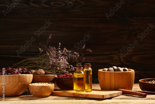 Bottles of essential oil, d...
