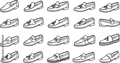 Bild auf Leinwand Black and White Line Art Vector Illustration Set of Classic Men's Loafer Shoes,