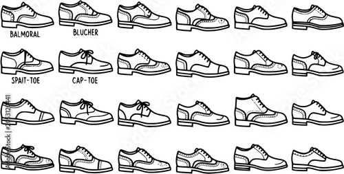 Quadro su tela Black and White Line Art Illustration of Classic Men's Dress Shoe Styles, Includ