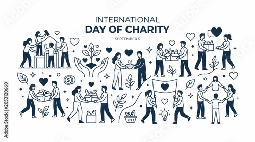 International Day of Charity doodle illustration with diverse people volunteering and helping others.