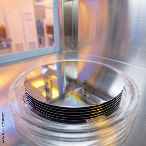Silicon wafers in a clean semiconductor fabrication facility