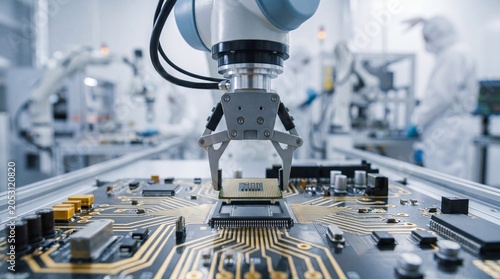 Robotic arm placing a semiconductor chip on a circuit board