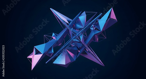 A vibrant 3D rendering of a complex geometric structure with sharp, angular shapes in shades of blue and purple.