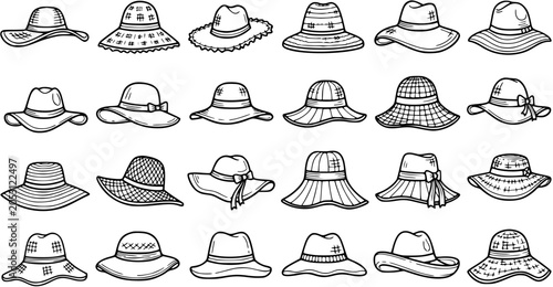 Photos Black and White Line Art Illustration of Various Sun Hats for Fashion and Summer
