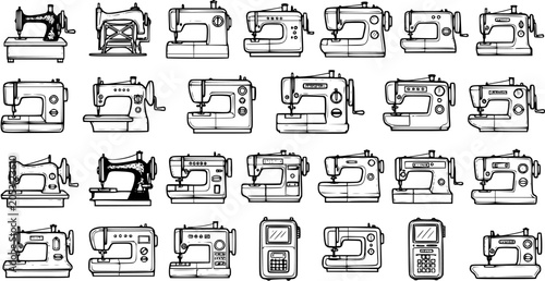 фотографія Collection of Various Black and White Line Art Sewing Machines on White Backgrou
