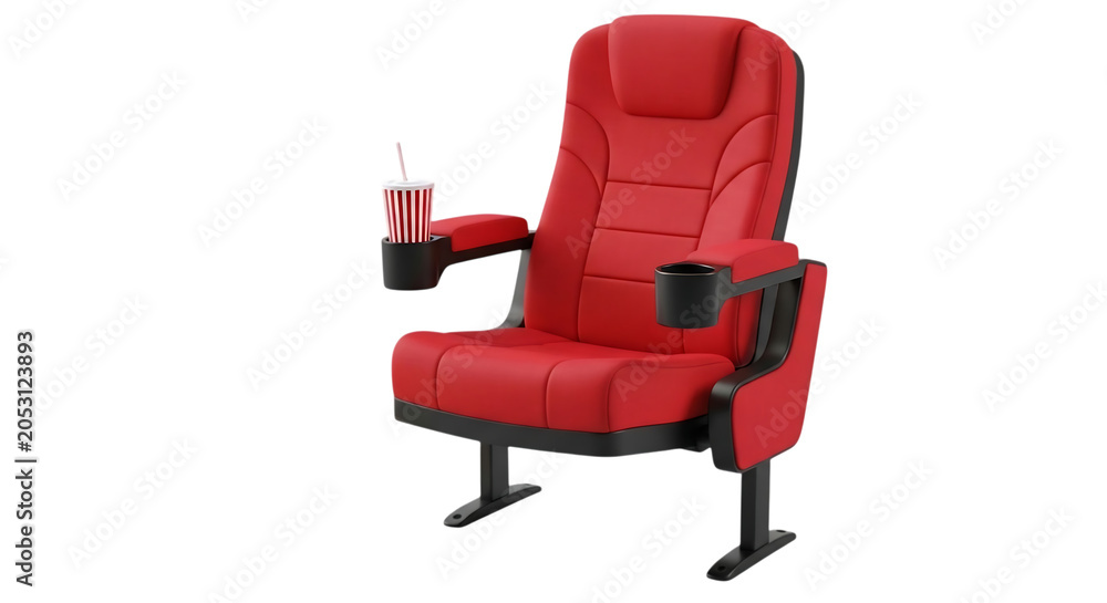 Obraz premium Red cinema seat with cup holders and drink 3d rendering on transparent background chair theater movie